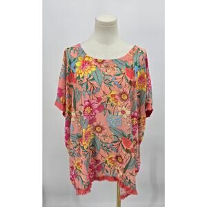 Umgee Plus 1XL Boho Cottagecore Floral F Hem Fringe Top Pink Multi
